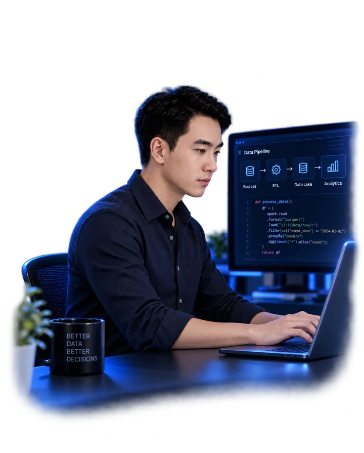 Bodin Krongchon working at a laptop in a data engineering workspace